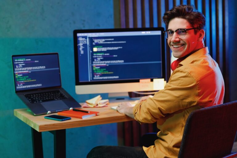 FullStack developer, hire, Side,Back,View,Smiling,Young,Full-stack,Developer,Software,Engineer,It